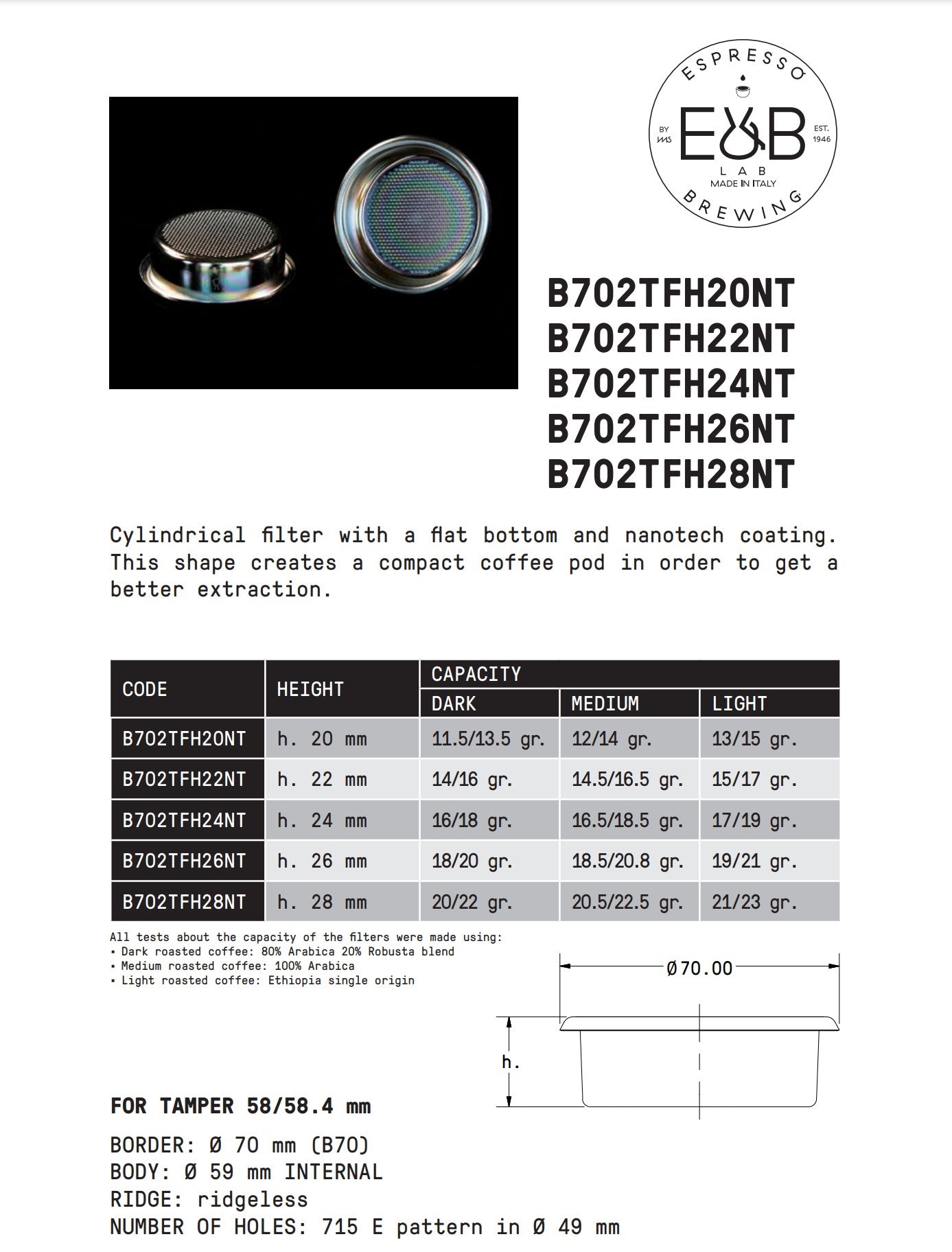 E&B Lab NT (NanoTech) Double Espresso Portafilter Basket 58mm Ridgeless